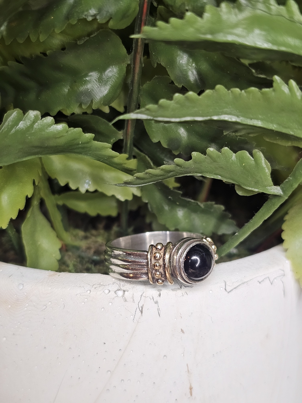 Sterling Silver Black Onyx Ring with 14k Gold - Signed - Size 8.75
